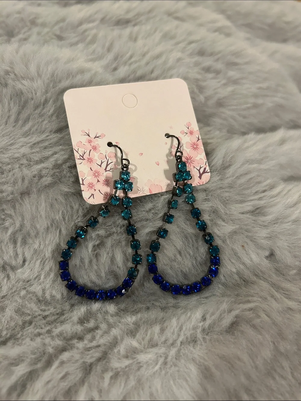 Teardrop Blue and Teal Crystal Hoop Earrings - Women Jewelry